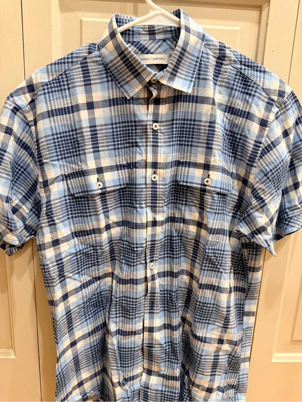 James Campbell Blue and White Plaid Short-Sleeve Button-Down Shirt